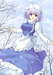  apron breasts cloud cloudy_sky cross_(crossryou) day forest hat large_breasts lavender_eyes lavender_hair letty_whiterock long_sleeves nature open_mouth outstretched_arms puffy_short_sleeves puffy_sleeves shirt short_over_long_sleeves short_sleeves skirt sky snowing solo touhou tree triangular_headpiece vest waist_apron 