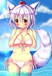  animal_ears bare_arms bare_shoulders bikini blush breasts cameltoe chocolat_(momoiro_piano) cleavage closed_mouth collarbone cowboy_shot day eyebrows eyebrows_visible_through_hair front-tie_bikini front-tie_top hair_between_eyes hands_on_own_chest hat horizon inubashiri_momiji large_breasts light_rays looking_afar looking_to_the_side midriff navel ocean pink_bikini pink_ribbon red_eyes red_hat ribbon side-tie_bikini silver_hair smile solo standing stomach sun sunlight swimsuit tail tareme thigh_gap tokin_hat touhou wading water waves wolf_ears wolf_tail 