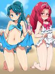  akagi_towa ass_visible_through_thighs bangs barefoot beach bikini blue_bikini blue_eyes blue_hair blush braid brown_hair cameltoe day drill_hair go!_princess_precure hair_ornament hairclip haruno_haruka highres kaidou_minami kneeling konboi-eg long_hair looking_at_viewer multiple_girls navel parted_bangs pink_eyes pink_hair ponytail precure sarong sarong_lift smile swimsuit swimsuit_lift tiara white_swimsuit 