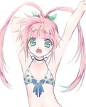  1girl bare_shoulders bikini blue_eyes blush chelsea_torn choker flat_chest gloves hair_ornament long_hair open_mouth pink_hair ribbon tales_of_(series) tales_of_destiny twintails 
