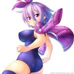  :&lt; ass bare_arms blue_legwear breasts closed_mouth covered_nipples cowboy_shot hair_ribbon hairband highres jacket jacket_on_shoulders large_breasts long_sleeves looking_at_viewer one-piece_swimsuit ooyama_kina open_clothes open_jacket open_track_jacket original phantasy_star phantasy_star_online_2 pink_eyes pink_jacket pointy_ears purple_hair ribbon school_swimsuit serious short_hair sidelocks simple_background skin_tight solo standing swimsuit tareme thighhighs thighs track_jacket turtleneck v-shaped_eyebrows white_background 