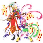  1boy 1girl aqua_eyes armor blonde_hair blush boots bow_(weapon) chelsea_torn elbow_gloves gloves hat instrument johnny_shiden knee_pads long_hair midriff navel one_eye_closed open_mouth pink_hair scarf short_hair tales_of_(series) tales_of_destiny twintails weapon wink 