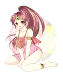  :p anklet armband bare_shoulders barefoot blush brown_eyes brown_hair circlet dress fire_emblem fire_emblem:_monshou_no_nazo jewelry linda_(fire_emblem) long_hair miyako_(mongcocoa) pink_dress ponytail side_slit smile solo strapless strapless_dress tongue tongue_out 