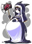  animal_ears axe belly_rub big_belly black_hair commentary_request cthulhu_mythos goat_ears goat_horns hair_over_one_eye kugelschreiber long_hair nun pregnant red_eyes shub-niggurath smile solo weapon 