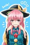  behind_another black_hat blue_background blue_shirt bow bowtie eyebrows eyebrows_visible_through_hair forced_smile frilled_sleeves frills fuente green_hair hat hat_bow hata_no_kokoro komeiji_koishi long_hair looking_at_viewer multiple_girls outline pink_eyes pink_hair plaid plaid_shirt shirt smile star touhou white_outline wide_sleeves 