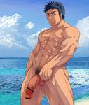  1boy abs bara beach erection funa_(artist) looking_at_viewer male_focus muscle nude outdoors pecs penis solo summer testicles water 