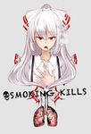  bow cigarette commentary_request english flower fujiwara_no_mokou grey_background hair_bow hand_on_own_chest long_hair looking_at_viewer lungs open_mouth red_eyes saryuu_(iriomote) simple_background smoking solo suspenders touhou triangle_mouth white_hair 