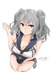  28aarts absurdres alternate_costume bare_shoulders between_legs blue_eyes breasts cosplay covered_nipples from_above heart heart-shaped_pupils highres kantai_collection kashima_(kantai_collection) large_breasts long_hair looking_at_viewer ro-500_(kantai_collection) ro-500_(kantai_collection)_(cosplay) sailor_collar school_swimsuit shoes signature silver_hair smile solo swimsuit swimsuit_under_clothes symbol-shaped_pupils torpedo wavy_hair 