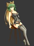  ahoge animal_ears atalanta_(fate) bare_shoulders breasts chair cleavage collarbone crossed_legs fate/apocrypha fate/grand_order fate_(series) full_body green_eyes grey_background highres lingerie long_hair multicolored_hair self_upload simple_background sitting solo stool thighhighs two-tone_hair underwear yin_man_tong_xing 