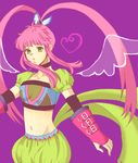  breasts chelsea_torn choker elbow_gloves gloves green_eyes hair_ornament long_hair midriff navel open_mouth pink_hair purple_background skirt tales_of_(series) tales_of_destiny twintails 