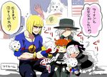  2girls american_flag blue_shirt check_translation edmond_dantes_(fate/grand_order) fate/extra fate/grand_order fate_(series) fujimaru_ritsuka_(female) hat kaikodou_kana multiple_boys multiple_girls nursery_rhyme_(fate/extra) sakata_kintoki_(fate/grand_order) shirt stuffed_animal stuffed_toy thomas_edison_(fate/grand_order) translation_request unamused 