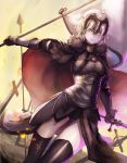  1girl ahoge armor armored_dress banner black_dress black_legwear black_panties dress fate/grand_order fate_(series) faulds fifty1202 grin headpiece highres holding holding_sword holding_weapon jeanne_d&#039;arc_(alter)_(fate) jeanne_d&#039;arc_(fate)_(all) looking_at_viewer outdoors panties shiny shiny_clothes short_hair silver_hair smile solo standing sword thighhighs underwear weapon yellow_eyes 