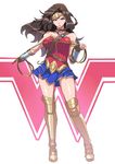  1girl armor belt blue_eyes brown_hair dc_comics dccu forehead_protector full_body lasso pteruges solo strapless vambraces wonder_woman wonder_woman_(series) 