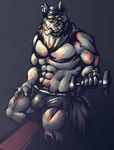  anthro biceps bulge canine cigar claws clothing fur looking_at_viewer male mammal muscular nipples osoalex simple_background sitting smoking solo training underwear wolf yellow_eyes 