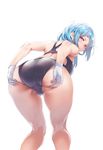  afukuro ass ass_grab bent_over blue_hair breasts cameltoe competition_swimsuit from_behind gakuen_taisen_valkyries gloves grabbing_own_ass hair_ornament hairclip highres kneepits large_breasts long_hair looking_at_viewer looking_back maria_pasternak naughty_face one-piece_swimsuit parted_lips pink_eyes raised_eyebrow simple_background smile solo spread_ass swimsuit thighs trefoil white_background white_gloves 