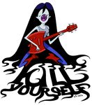  2016 adventure_time axe black_hair boots breasts clothed clothing curtsibling english_text eyes_closed fangs female footwear grey_skin guitar hair humanoid long_hair marceline melee_weapon musical_instrument open_mouth pants parody shirt solo tank_top teeth text tongue vampire watermark weapon 
