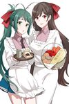  :o apple apron basket brown_hair carrot cup dessert food fruit green_eyes green_hair hair_ornament hairclip highres irako_(kantai_collection) kantai_collection kappougi long_hair looking_at_viewer mamiya_(kantai_collection) morinaga_miki multiple_girls onion open_mouth ponytail potato red_eyes smile spoon translated tray wagashi youkan_(food) yunomi 