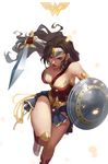  1girl black_hair breasts cleavage dc_comics dywx_poison large_breasts long_hair shield simple_background solo sword wonder_woman wonder_woman_(character) wonder_woman_(series) 