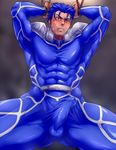  1boy abs blue_hair blush bulge fate/stay_night fate/zero fate_(series) funa_(artist) lancer male_focus muscle pecs penis restrained rope solo sweat testicles 