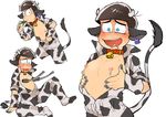  1boy animal_ears arm_warmers artist_request bell_collar black_hair blue_nails cow_costume cow_ears cow_horns cow_print cow_tail drooling eating grass heart heart_in_mouth horns lactation male_focus matsuno_karamatsu milking_machine nipples open_clothes osomatsu-kun osomatsu-san saliva solo sweat tail tearing_up white_background 