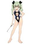  :p anchovy bare_arms bare_legs bare_shoulders barefoot black_ribbon black_swimsuit blush breasts cleavage closed_mouth competition_swimsuit contrapposto drill_hair girls_und_panzer green_hair groin hair_ribbon hand_on_hip highleg highleg_swimsuit highres holding kagemusha large_breasts legs_apart long_hair looking_at_viewer navel navel_cutout one-piece_swimsuit red_eyes ribbon riding_crop smile solo standing stomach swimsuit toes tongue tongue_out tsurime twin_drills twintails underboob underboob_cutout v-shaped_eyebrows 