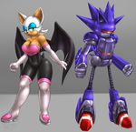  bat breasts cleavage clothed clothing female machine male mammal metal_sonic mykiio robot rouge_the_bat shiny skinsuit sonic_(series) tight_clothing wings 