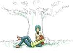  2girls blue_eyes blue_hair casual female mahou_shoujo_madoka_magica miki_sayaka multiple_girls nature outdoors partially_colored ponytail red_eyes red_hair sakura_kyouko short_hair tree vividgrim 