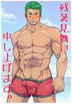  1boy abs bara beach body_hair bulge erection funa_(artist) green_hair looking_at_viewer male_focus muscle outdoors pecs scar solo tan topless water 