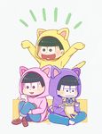  :3 :d animal_hood ayu_(mog) bad_id bad_pixiv_id black_eyes black_hair brothers cat cat_hood cat_tail cellphone esper_nyanko heart heart_in_mouth hood hoodie male_focus matsuno_ichimatsu matsuno_juushimatsu matsuno_todomatsu multiple_boys namco_namja_town open_mouth osomatsu-kun osomatsu-san phone siblings sitting sleeves_past_wrists smartphone smile tail 