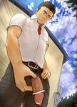  1boy bara brown_hair erection funa_(artist) male_focus muscle outdoors penis public student sweat 
