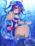  blue_hair blue_swimsuit detached_collar dress fish hair_ornament highres jellyfish light long_hair looking_at_viewer navel navel_cutout noa_(shironeko_project) one-piece_swimsuit open_mouth outstretched_arm red_eyes satoimo_chika shironeko_project sitting solo swimsuit underwater 