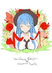  absurdres bad_id bad_pixiv_id blue_hair breasts cleavage closed_eyes collarbone flower hat highres hinanawi_tenshi large_breasts long_hair neropaso ribbon shirt sketch solo touhou upper_body 