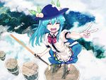  above_clouds blue_hair closed_eyes floating_rock food from_above fruit hat hinanawi_tenshi long_hair open_mouth peach puffy_short_sleeves puffy_sleeves shirt short_sleeves skirt smile solo subachi sword_of_hisou touhou v very_long_hair 