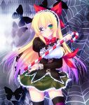  bad_id bad_pixiv_id black_shirt blonde_hair bow bug butterfly candy candy_cane cowboy_shot eyepatch flower_knight_girl food gradient_hair green_skirt hair_bow hairband insect ivy_(flower_knight_girl) long_hair mikoto_(mikoto_r_a) multicolored_hair print_eyepatch purple_hair red_bow shirt silk skirt solo spider_web thighhighs zettai_ryouiki 