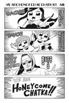  2girls 4koma :3 bkub comic commentary dj_copy_and_paste emphasis_lines english greyscale hat headphones honey_come_chatka!! komikado_sachi looking_at_viewer monochrome multiple_girls side_ponytail simple_background tayo translated 