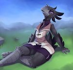  2016 anthro avian beak black_feathers clothed clothing feathers female flat_chested grass grey_scales half-closed_eyes hi_res outside purple_eyes scales serolativity sitting sky smile solo wide_hips 