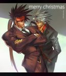  arc_system_works artist_name blazblue brown_hair company_connection crossed_arms crossover formal gairen guilty_gear guilty_gear_xrd hand_in_pocket male_focus manly merry_christmas multiple_boys muscle ponytail ragna_the_bloodedge red_eyes silver_hair sol_badguy spiked_hair suit 