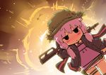  explosion gun hat hood hooded_jacket jacket low_twintails petenshi_(dr._vermilion) purple_hair solo_focus stick_figure tears twintails vocaloid voiceroid walking weapon yuzuki_yukari 