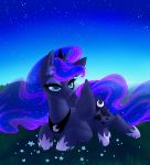  blue_eyes crown cutie_mark equine female friendship_is_magic grass hair hi_res horn long_hair lying mammal moonlitamberblossom my_little_pony princess_luna_(mlp) purple_hair sky solo star tiara winged_unicorn wings 