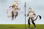  2016 anthro armor black_fur blonde_hair breasts cleavage clothed clothing cross digital_media_(artwork) duo eyebrows eyelashes female fur grass hair hoodie hooves lonbluewolf male melee_weapon navel plant polearm sergal simple_background sky smile spear weapon white_eyes white_fur white_sclera wings yellow_eyes 