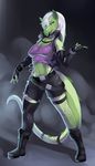  2016 anthro belt boots breasts clothed clothing crop_top ear_piercing female fishnet footwear green_eyes green_skin grey_background hair hi_res legwear lizard midriff navel open_mouth piercing reptile scalie shirt shorts simple_background solo spikes teeth tongue torn_clothing white_hair zerolativity 