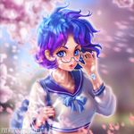  artist_name bag bangs bespectacled bishoujo_senshi_sailor_moon blue_eyes blue_hair blue_nails blue_ribbon blue_sailor_collar blurry blurry_background cherry_blossoms earrings eyebrows eyelashes floating_hair glasses jewelry mercury_symbol mizuno_ami motion_blur nail_polish olga_narhova parted_bangs petals pink_lips puckered_lips ribbon sailor_collar school_bag school_uniform semi-rimless_eyewear serafuku short_hair solo stud_earrings under-rim_eyewear upper_body watermark web_address wind 