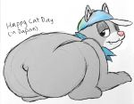  ambiguous_gender bandanna baseball_cap blue_hat butt cat_day chris_(nishi) english_text happy_cat_day hat nishi solo text 