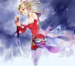  blonde_hair blue_eyes bow breasts cape detached_sleeves dissidia_final_fantasy dress earrings elbow_gloves final_fantasy final_fantasy_vi gloves hair_ribbon jewelry long_hair pantyhose ponytail ribbon seto_(sepcloud) small_breasts solo strapless strapless_dress sword tina_branford weapon 