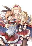  :d arms_around_neck black_gloves black_legwear black_ribbon blonde_hair blush bracer cagliostro_(granblue_fantasy) cape clarisse_(granblue_fantasy) closed_eyes collarbone djeeta_(granblue_fantasy) gloves granblue_fantasy green_eyes hair_ribbon hairband highres light_brown_hair long_hair looking_at_viewer miniskirt multiple_girls nashiru_(kuusou_banana) open_mouth ponytail purple_eyes red_skirt related ribbon short_hair simple_background skirt smile thighhighs v v-shaped_eyebrows white_background zettai_ryouiki 