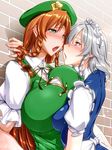  against_wall beret blue_eyes blush braid breasts chinese_clothes ebido hat highres hong_meiling huge_breasts izayoi_sakuya maid_headdress multiple_girls red_hair silver_hair tongue tongue_out touhou twin_braids yuri 