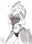  &lt;3 blush breasts chest_tuft claws clothing digital_media_(artwork) female hand_on_breast looking_at_viewer monochrome navel panties portrait sergal shariea smile solo text three-quarter_portrait top tuft underwear 