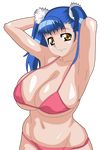  1girl armpits arms_behind_head arms_up bikini blue_hair breasts brown_eyes chuiru cleavage curvy gravion huge_breasts long_hair looking_at_viewer navel smile solo swimsuit twintails wide_hips 