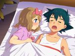  1girl bed black_hair blanket blue_eyes blush bow brown_hair closed_eyes collarbone commentary gen_1_pokemon hair_bow head_bump looking_at_another lying md5_mismatch mushi_gyouza on_back on_bed on_side open_mouth pikachu pillow pokemon pokemon_(anime) pokemon_(creature) pokemon_xy_(anime) satoshi_(pokemon) serena_(pokemon) short_hair sleeping snoring under_covers 