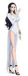  1girl black_eyes black_hair black_shoes blue_eyes bracelet breasts collarbone dress earrings full_body hair_slicked_back hand_up high_heels jewelry large_breasts long_hair long_sleeves looking_at_viewer nico_robin official_art one_piece sandals shoes side_slit simple_background solo standing white_background white_dress 